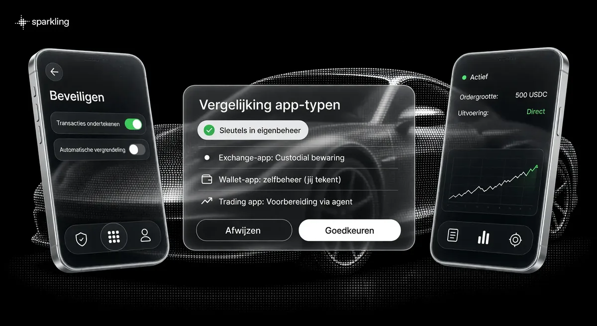 Twee telefoons en een centrale vergelijkingskaart van crypto-apptypen tegen een halftone-achtergrond van een klassieke sportwagen.