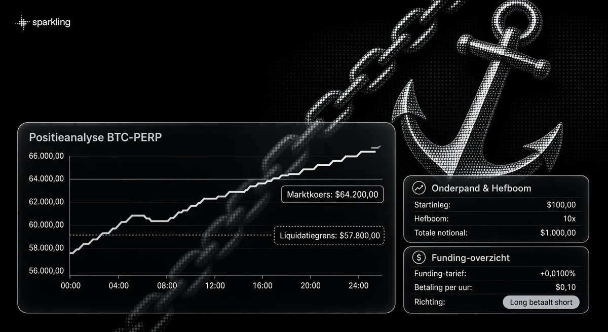 Groot financieel koersdiagram met liquidatielijnen en gegevens over hefboom en funding-tarieven over een zilveren anker-halftoonachtergrond.