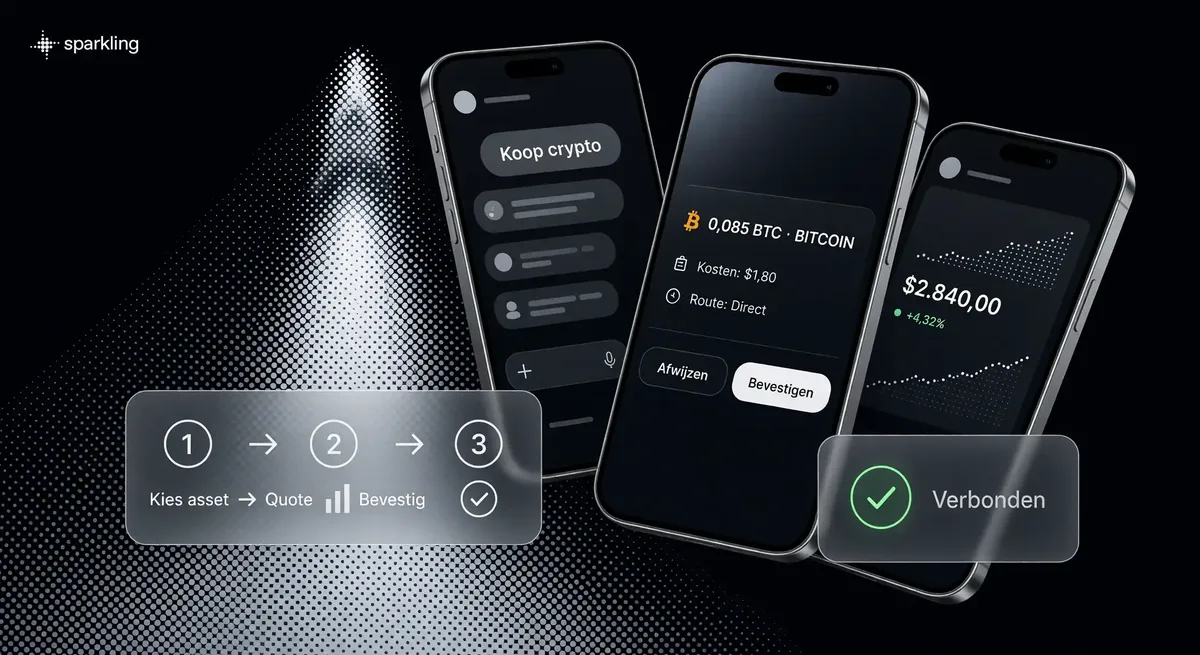 Drie fannende smartphones tonen de stappen voor het kopen van crypto met een raketlancering in zilveren rasterstijl op de achtergrond.