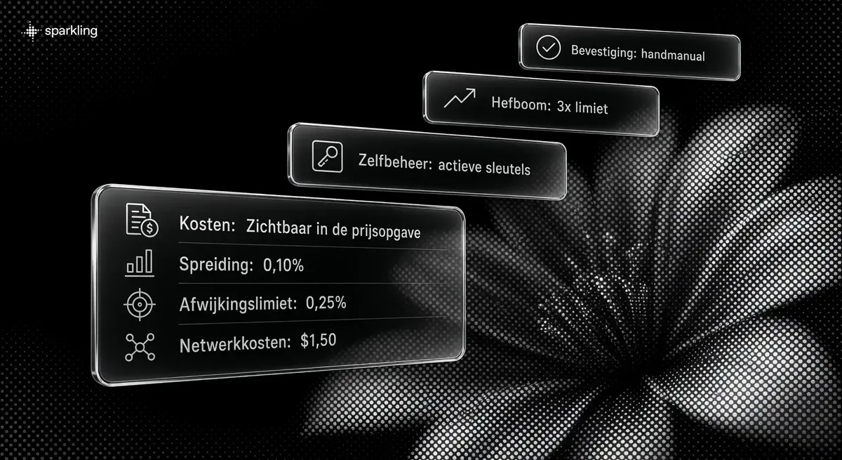 Vier opeenvolgende glazen infopanelen over handelskosten en risicobeheer tegen een halftoon bloem op zwarte achtergrond.