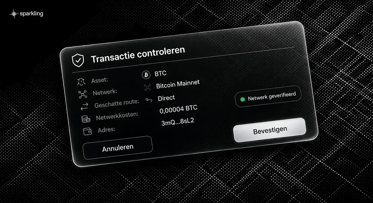 Een diagonaal UI-paneel met een controlelijst voor crypto-quotes en netwerkkosten tegen een zilveren rasterpatroon van een stadsplattegrond.