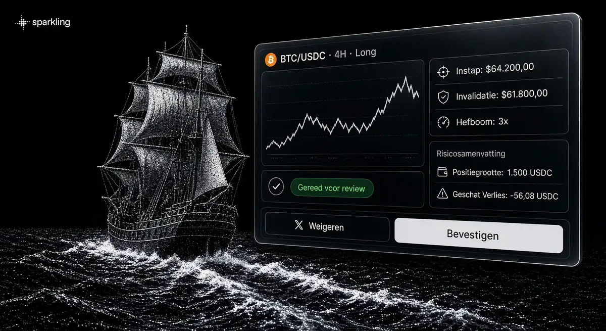 Een modern dashboard met tradingsignalen, instapniveaus en een bevestigingsknop tegen een achtergrond van een zeilschip in zilveren halftoonstijl.