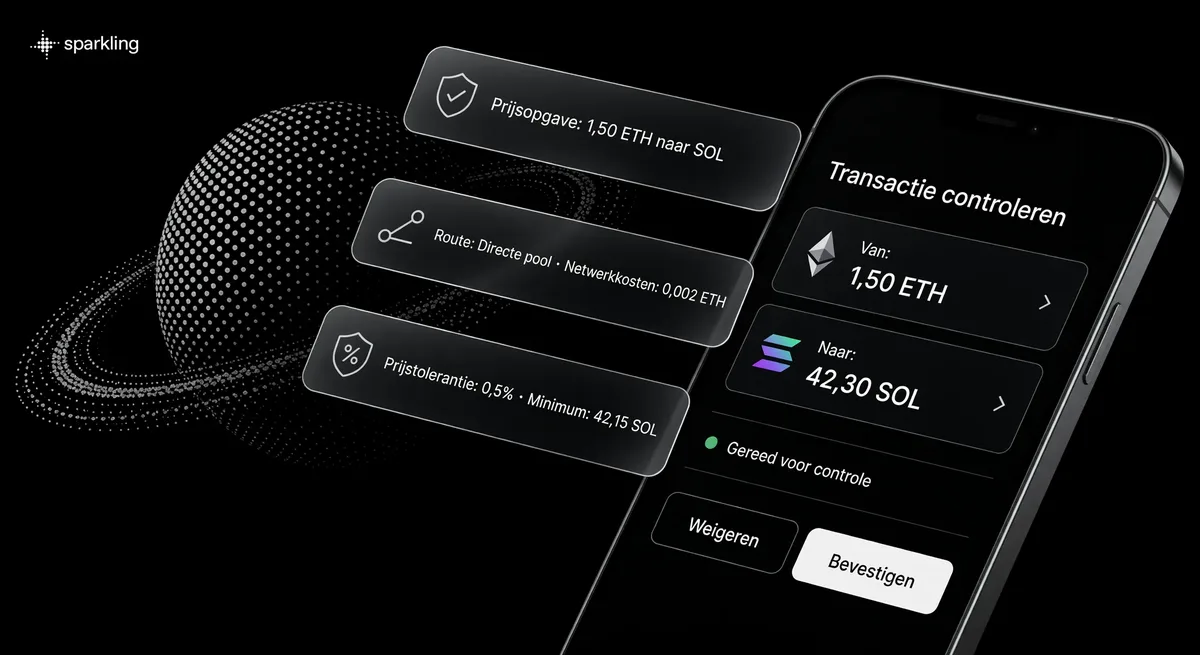Mobiele app van Sparkling toont een swap van Ethereum naar Solana met transactiekaarten over een halftoonachtergrond van een geringde planeet.