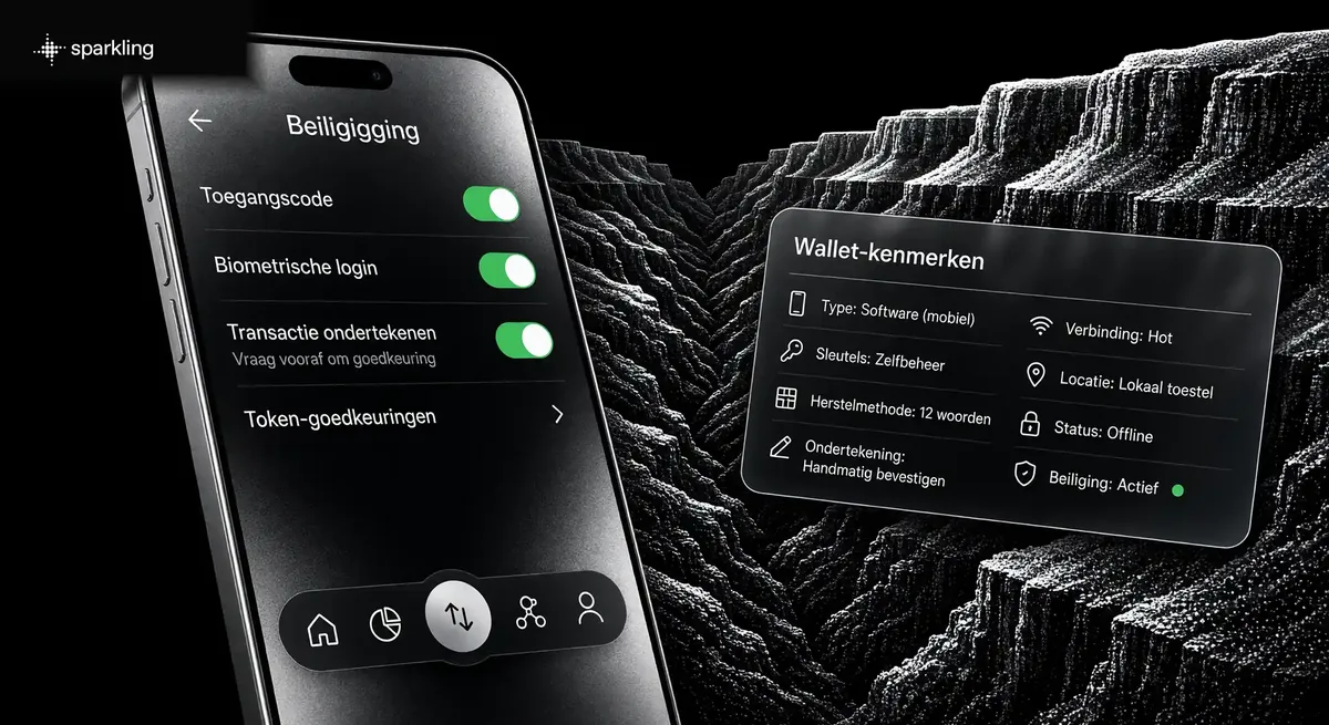 Een schuin geplaatste smartphone met beveiligingsinstellingen naast een glazen vergelijkingskaart voor wallet-types tegen een achtergrond van een canyon in zilverkleurig raster.