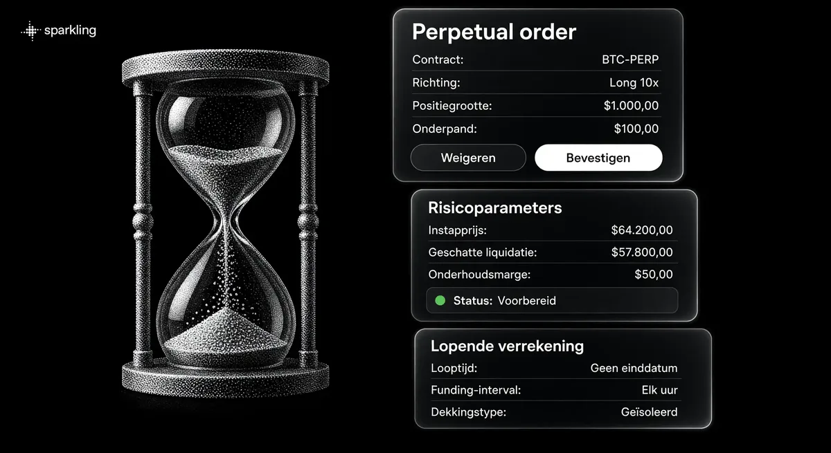 Drie gestapelde glaspanelen met ordergegevens en liquidatieniveaus voor crypto perpetual futures naast een zandloper in zilverkleurige halftoon.