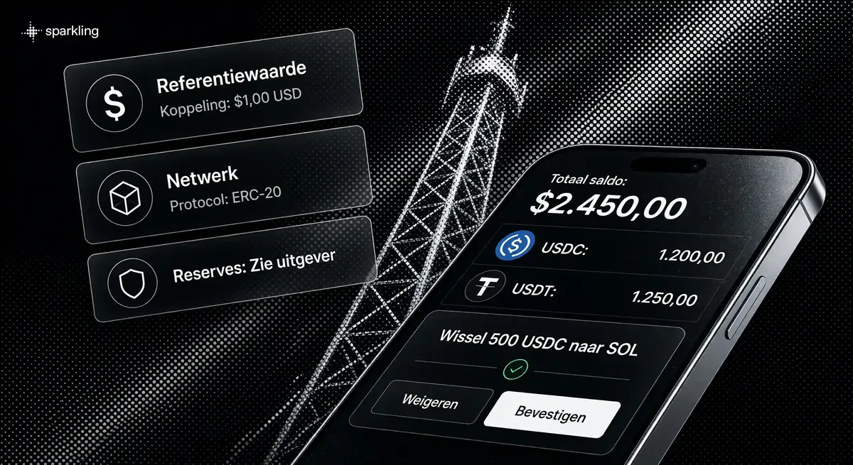 Overzicht van stablecoins zoals USDT en USDC met een smartphone-interface en floating cards voor dekking en netwerk.