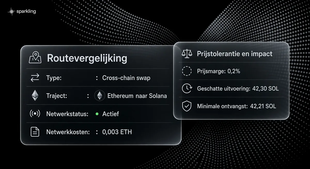 Twee overlappende glazen kaarten tonen routingdetails en prijsmarges voor een cross-chain swap tegen een halftoonadelaarsvleugel.