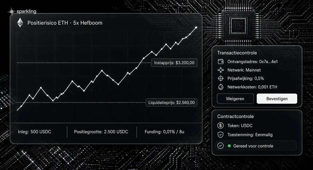 Een groot grafiekpaneel met hefboom- en liquidatielijnen en transactiecontrolekaarten tegen een achtergrond van een chipcircuit in zilveren halftoon.