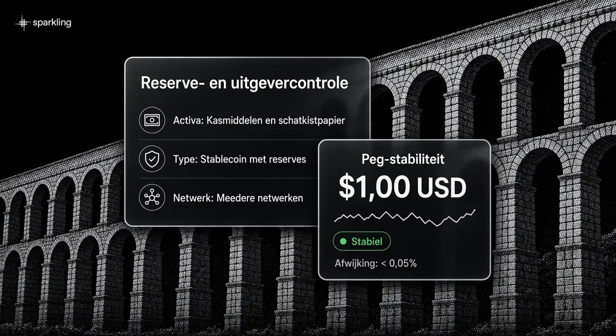 Interface met twee overlappende kaarten die reserves, rapportage en depeg-risico's van stablecoins tonen tegen een halftoon-aquaduct.