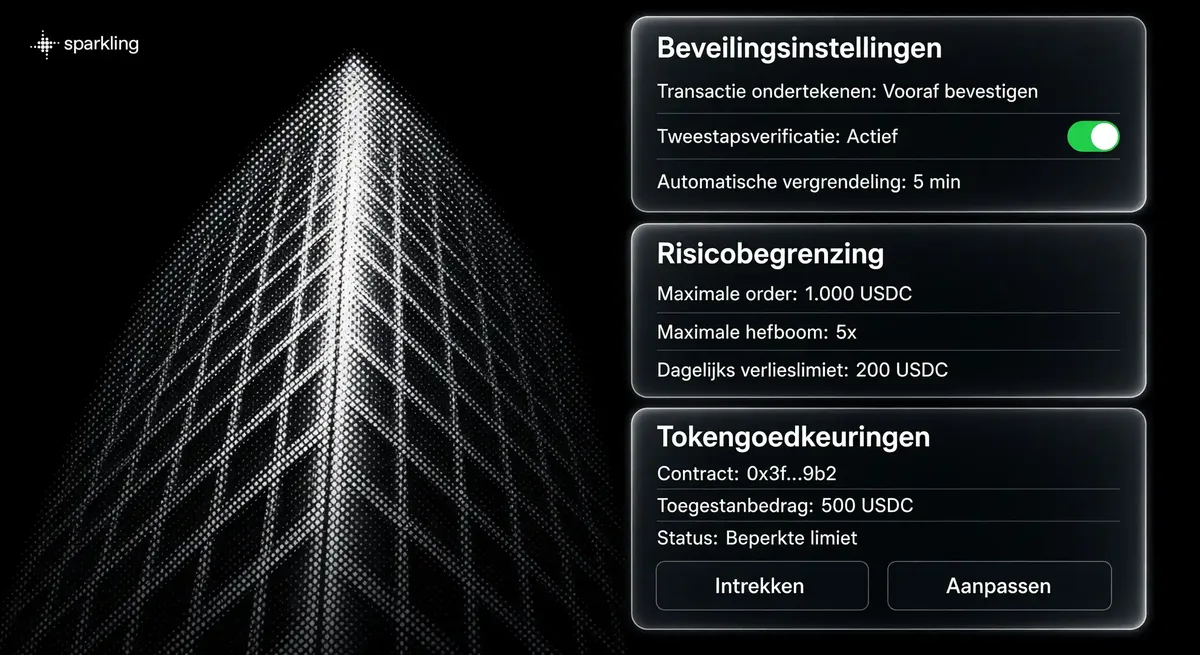 Drie overzichtelijke kaarten met beveiligings- en risico-instellingen naast een geometrische wolkenkrabber in zilverkleurig rasterpatroon.